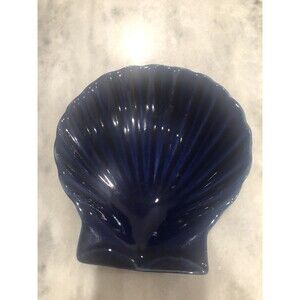 Vintage blue glossy ceramic shell-shaped candy dish decorative pottery